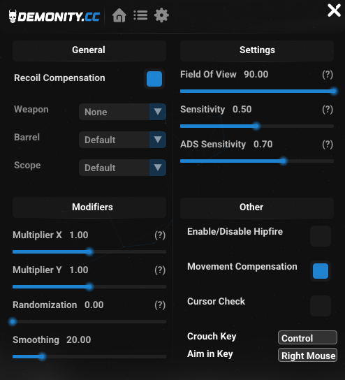 Rust recoil script settings menu showing weapon attachment options
